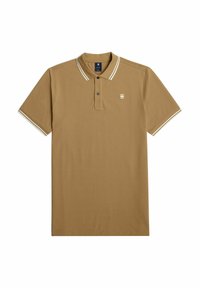 Polo shirt marrone in cotone con colletto a costine, caratterizzato da strisce bianche e un piccolo logo sul lato sinistro del petto. Maniche corte.