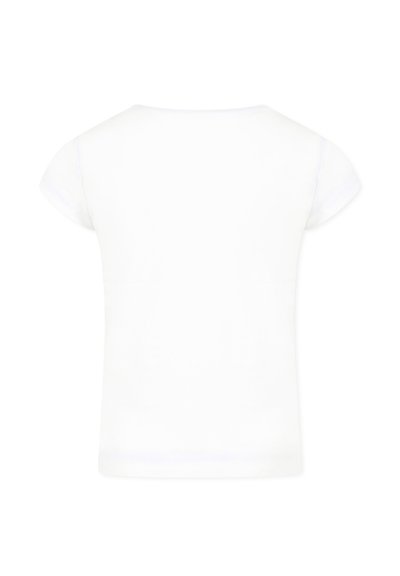 T-shirt bianco in cotone con maniche corte, colletto rotondo e texture liscia. Design semplice, senza motivi o accenti visibili.