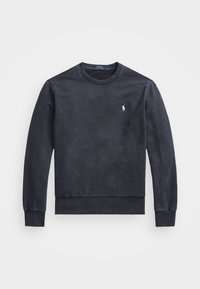 Marinblå crewneck sweatshirt i mjukt material, med långa ärmar, ribbade cuffar och en liten broderad logotyp på bröstet.