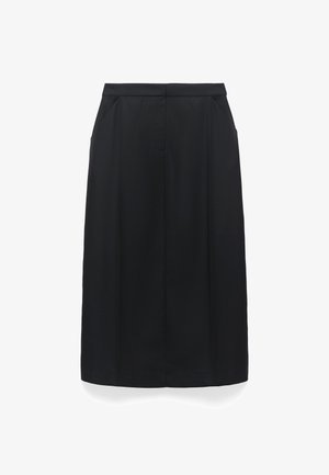 Black midi skirt with side pockets and a straight silhouette, designed with a clean waistband and front seam detail.