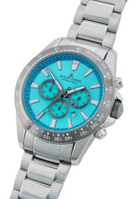 Stålkronografklocka med en turkos urtavla, silverfärgade visare, tre blå sub-dialer, tachymeter bezel och en länkbandsmetallarmband.