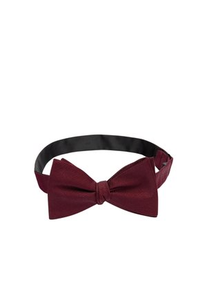 Bordeaux silke butterfly-sløjfe med en struktureret overflade, der har en central knude og et glat justerbart sort bånd. Klassisk formelt tilbehør.
