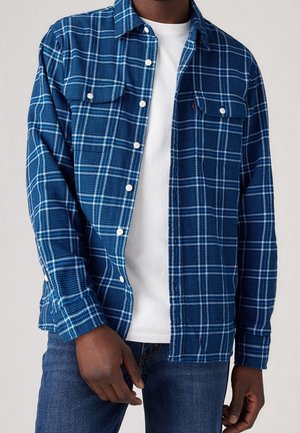 Mand iført blå og hvid ternet skjorte med knapper over hvid t-shirt og blå jeans, står med afslappede hænder.