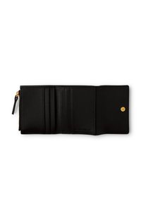 Schwarzes Leder-Dreisatz-Wallet mit sechs Kartenfächern, goldener Druckknopf und einem Reißverschluss-Münzfach auf der linken Seite, innen mit BORBONESE-Branding.
