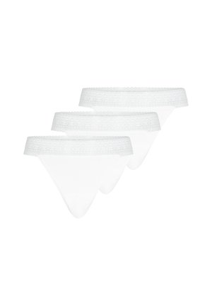 Three white lace-trimmed thong underwear pieces arranged in a staggered stack on a white background.