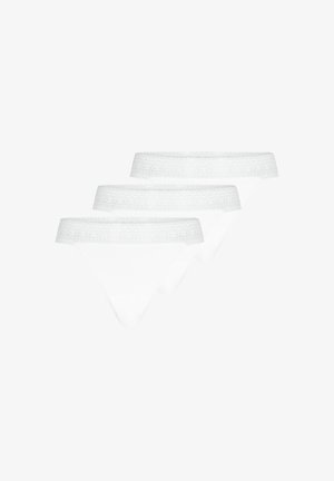 Three white lace-trimmed thong underwear pieces arranged in a staggered stack on a white background.