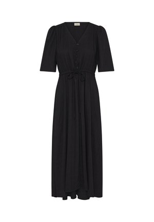 Mustast midi-kleidist, millel on V-kaelus, lühikesed täispuhutud varrukad, ees nupud ja vöö, mis on kinni seotud, valgel taustal.