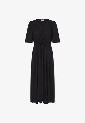 Mustast midi-kleidist, millel on V-kaelus, lühikesed täispuhutud varrukad, ees nupud ja vöö, mis on kinni seotud, valgel taustal.