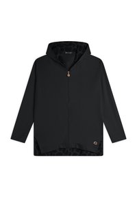 Giacca nera con cappuccio e zip completa, caratterizzata da un esterno liscio e una fodera con stampa leopardata. Include un piccolo logo sul fondo.