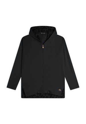 Giacca nera con cappuccio e zip completa, caratterizzata da un esterno liscio e una fodera con stampa leopardata. Include un piccolo logo sul fondo.