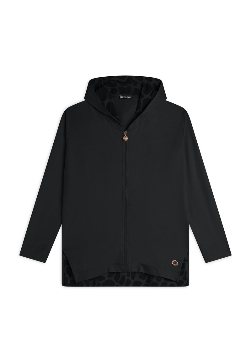 Giacca nera con cappuccio e zip completa, caratterizzata da un esterno liscio e una fodera con stampa leopardata. Include un piccolo logo sul fondo.