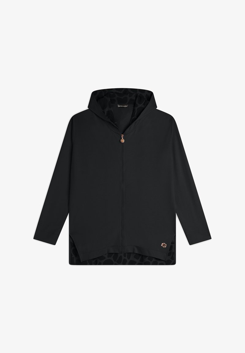 Giacca nera con cappuccio e zip completa, caratterizzata da un esterno liscio e una fodera con stampa leopardata. Include un piccolo logo sul fondo.