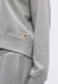 Harmaa collegepaita, jossa pieni Calvin Klein -logoplässi. Pehmeä pinta, näkyvät saumat sekä resorit hihoissa ja helmassa.