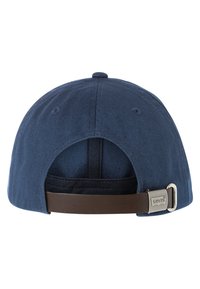 Marineblå caps med buet skjerm, justerbar brun stropp og metallspenne med logo. Laget av bomull med en glatt tekstur.