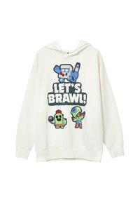 Felpa bianca con personaggi dei cartoni animati e la scritta "LET'S BRAWL!" che presenta un robot blu, un pollo verde e un personaggio in felpa verde.