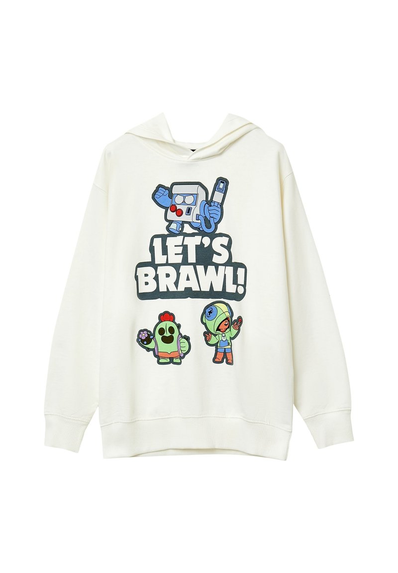 Felpa bianca con personaggi dei cartoni animati e la scritta "LET'S BRAWL!" che presenta un robot blu, un pollo verde e un personaggio in felpa verde.