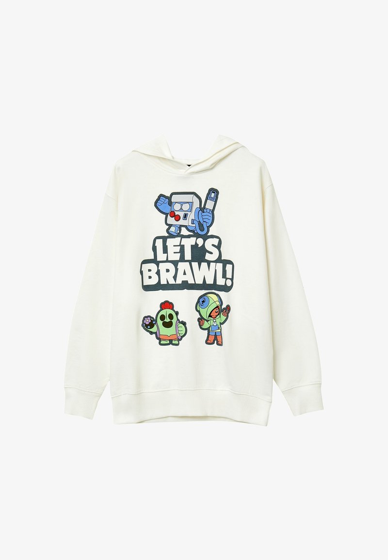 Felpa bianca con personaggi dei cartoni animati e la scritta "LET'S BRAWL!" che presenta un robot blu, un pollo verde e un personaggio in felpa verde.