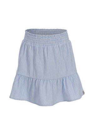 Lichtblauwe en witte rok met verticale strepen, elastische tailleband en uitlopende ruches aan de zoom, ontworpen voor casual gebruik.