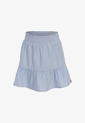 Lichtblauwe en witte rok met verticale strepen, elastische tailleband en uitlopende ruches aan de zoom, ontworpen voor casual gebruik.