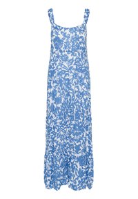Maxikleid mit blau-weißem Blumenmuster, dünnen Trägern, rüschiertem Oberteil und gestuften Saum. Hergestellt aus leichtem Material.