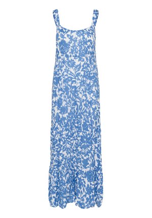 Abito maxi blu e bianco con motivo floreale, spalline sottili, corpino arricciato e orlo a strati. Realizzato in tessuto leggero.