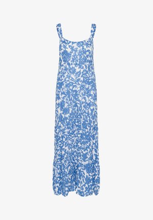 Blauwe en witte maxi-jurk met bloemenpatroon, dunne schouderbandjes, geplooide lijfje en gelaagde zoom. Gemaakt van lichtgewicht stof.