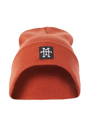 Orange ribbed knit beanie featuring a black square patch with white logo on the front. Soft texture and flexible shape for comfort.