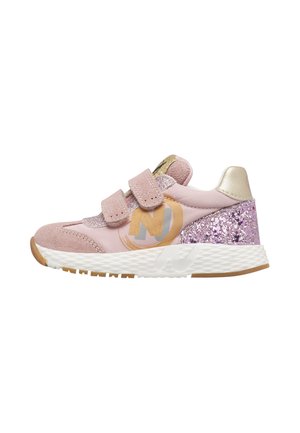 Child’s pink sneaker with two Velcro straps, gold logo on the side, glittery purple heel, and white textured sole.