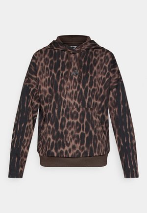 Φούτερ με κουκούλα που διαθέτει λεοπάρ μοτίβο σε καφέ και μαύρο, με μπροστινή τσέπη και ριγέ λεπτομέρειες στα μανίκια. Κατασκευασμένο από απαλό ύφασμα.