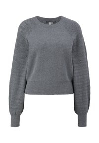 Pull en maille gris avec des manches bouffantes texturées, des poignets, un ourlet et un col rond côtelés.