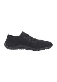 Schwarze Mesh-Slipper mit flexibler Sohle, ausgestattet mit elastischen Riemen im oberen Bereich für einen sicheren Halt und einem strukturierten Design.