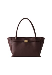 Braune Ledertasche mit glatter Textur, breitem Körper, zwei Griffen und einem goldfarbenen Verschlussdetail auf der Vorderseite.