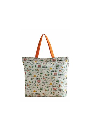 Tote bag with orange fabric handles, featuring a cream background adorned with colorful illustrations of animals, cacti, and geometric shapes.