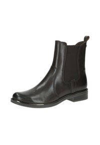 Stivale alla caviglia in pelle marrone con pannelli laterali elasticizzati, punta arrotondata e tacco leggermente rialzato; texture liscia con una leggera lucentezza.