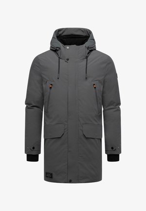 Graue Parkajacke mit Kapuze, aus strukturiertem Material gefertigt. Verfügt über zwei Fronttaschen, verstellbare Kordeln und ein Markenpatch am Saum.