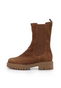Botine din suede maro, cu panouri elastice pe laterale, vârf rotund și tălpi din cauciuc rezistent. Au un cârlig pe călcâi pentru a fi ușor de încălțat.