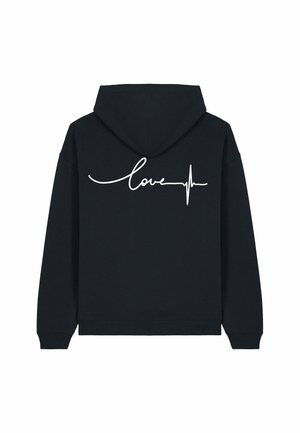 Black hoodie with a large white "love" text and heartbeat line design on the back. Made from soft cotton blend fabric, featuring a hood.