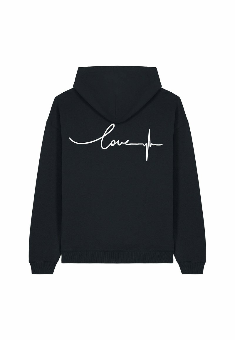 Čierna mikina s kapucňou s veľkým bielym nápisom "love" a dizajnom srdcovej línie na chrbte. Vyrobená z mäkkej zmesi bavlny, obsahuje kapucňu.