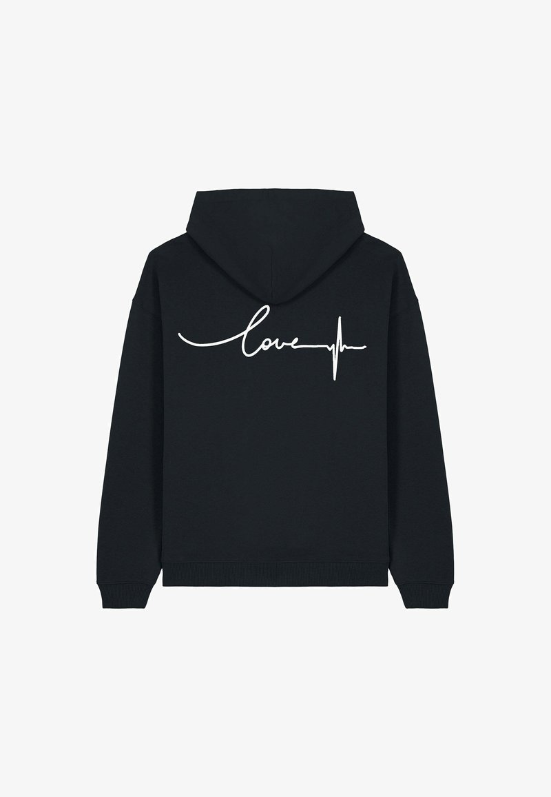 Sudadera negra con un gran texto blanco que dice "amor" y un diseño de línea de pulso en la parte posterior. Fabricada en una suave mezcla de algodón y cuenta con capucha.