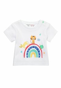 Camiseta de bebé blanca de algodón con un colorido arcoíris bordado en la parte superior, con un tigre y un leopardo, adornado con estrellas y un diseño de cactus.