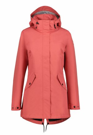 Chaqueta impermeable con capucha para mujer en color rosa coral, con cremallera frontal, bolsillos con cierre de botón a presión, puños ajustables y dobladillo con cordón.
