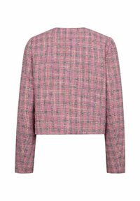 Rausvos spalvos tekstūruotas tweedo švarkas su ilgomis rankovėmis, tiesia apačia ir margu įvairių spalvų languotu raštu, vaizduojamas iš nugaros.