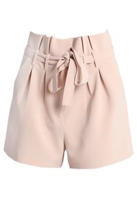 Bleka rosa shorts av mjukt tyg med hög midja, veck och ett matchande skärp i samma tyg. Enkel och skräddarsydd design.