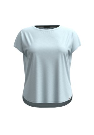 Hellblaues Kurzarm-T-Shirt mit Rundhalsausschnitt, ausgestattet mit einem abgerundeten Saum und kontrastierendem dunklem Besatz am unteren Rand. Weicher, strukturierter Stoff.