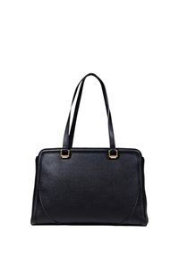 Borsa a tracolla nera in pelle con due manici, dettagli in hardware dorato, forma strutturata e finitura testurizzata. Presenta cuciture laterali.