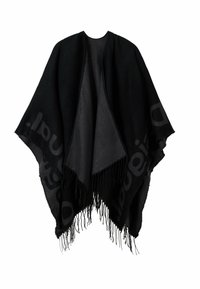 Poncho nero a forma triangolare, dalla consistenza morbida e con bordi frangiati. Presenta un motivo logo sottile integrato nel tessuto.