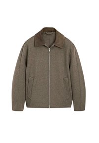 Wool blend jacket with a zip front, brown collar, and two side pockets. Textured fabric in shades of green and brown. Relaxed fit design.