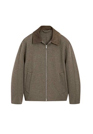 Veste en mélange de laine avec fermeture éclair à l'avant, col marron et deux poches latérales. Tissu texturé dans des nuances de vert et de marron. Design à coupe décontractée.