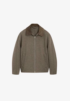 Uldblandingsjakke med lynlås foran, brun krave og to sidelommer. Tekstureret stof i nuancer af grøn og brun. Løs pasform.