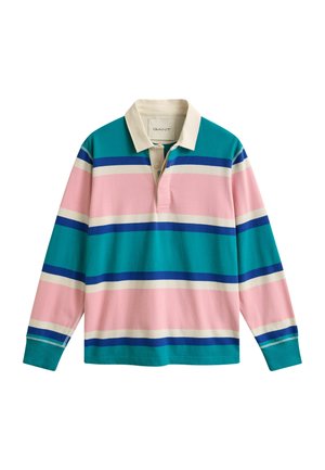 Rugbyshirt met lange mouwen en brede horizontale strepen in teal, roze, crème en blauw, voorzien van een crème polo-kraag en een gedeeltelijke knoopsluiting.